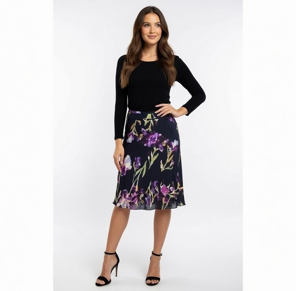 Tess Dresses & Skirts - TESS Iris Floral Silk Skirt S 10 Black Multicolor Sheer Midi Skirt Lightweight